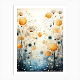 Abstract Painting Of Whimsical Flowers In Orange And Blue Hues Art Print