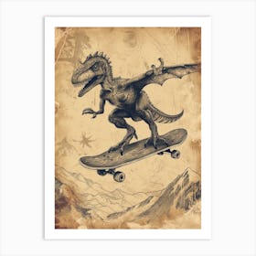 Vintage Pteranodon Dinosaur On A Skateboard 2 Art Print