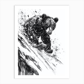 Malayan Sun Bear Cub Sledding Down A Snowy Hill Ink Illustration 2 Art Print