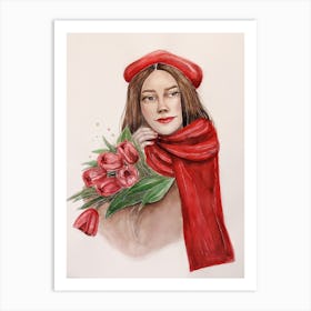 Watercolor illustration of a French woman with a bouquet of red tulips 1 Art Print