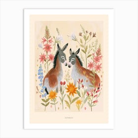 Folksy Floral Animal Drawing Donkey Poster Art Print