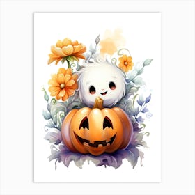 Cute Ghost With Pumpkins Halloween Watercolour 37 Art Print