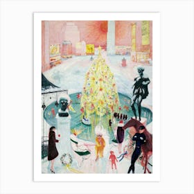 Vintage Pink Christmas Scene Art Print