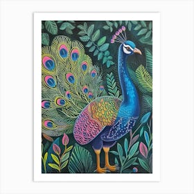 Folky Floral Peacock With Its Feathers Open 2 Art Print