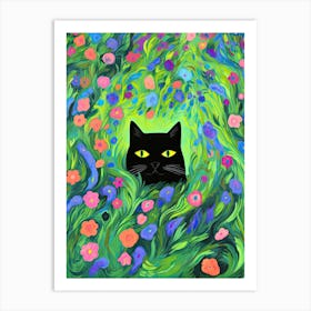 Black Cat In A Flower Field Irises Colourful Painting Art Print