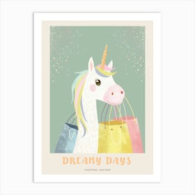 Pastel Storybook Style Unicorn With Shopping Bags 1 Poster Art Print
