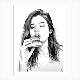 Woman Eating A Burger, lineart 1 Art Print