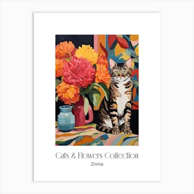 Cats & Flowers Collection Zinnia Flower Vase And A Cat, A Painting In The Style Of Matisse 2 Art Print