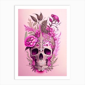 Skull With Intricate Henna 1 Designs Pink Botanical Art Print