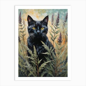 Black Cat Amongst Mugwort - Oil and Palette Knife Painting of A Beautiful Black Cat Sitting Among the Wild Herb Flowers - Kitty, Cat Lady, Pagan, Feature Wall, Witch, Fairytale Tarot Bastet Witchcraft August Blooming Colorful Painting in HD Art Print