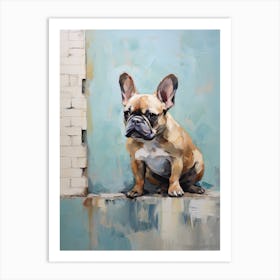 French Bulldog Dog, Painting In Light Teal And Brown 1 Art Print
