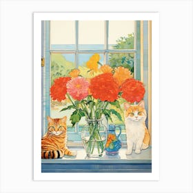 Cat With Zinnia Flowers Watercolor Mothers Day Valentines 3 Art Print