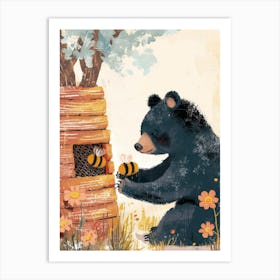 American Black Bear Cub Playing With A Beehive Storybook Illustration 1 Art Print