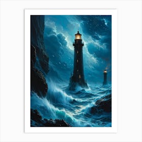 Black Lighthouses Towering Over Tumultuous Cosmic Oceans The Turbulent Waters Reflecting Both The D Art Print