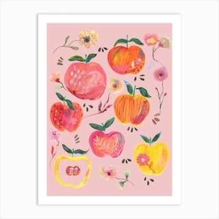 Apples And Florals Pink Art Print