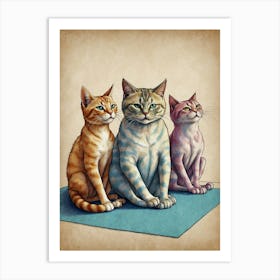 Three Cats Sitting On A Yoga Mat Art Print