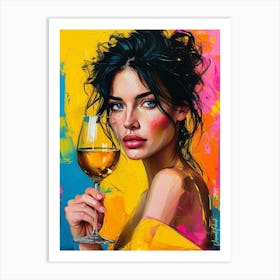 Brunette Woman With A Glass Of Golden Wine Art Print