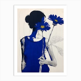 Woman Witha A Daisy Blue Botanical Illustration Art Print