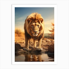 African Lion Drinking From A Stream Realistic 8 Art Print