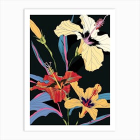 Neon Flowers On Black Hibiscus 2 Art Print