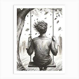 Moody Man on Swing Sketch 15 Art Print