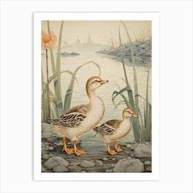 Ducklings By The Lake Japanese Woodblock Style Art Print