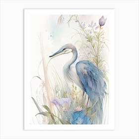Blue Heron With Flowers Gouache 1 Art Print