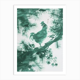 Green Ink Painting Of A Hen And Chicken Fern 3 Art Print