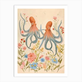 Folksy Floral Animal Drawing Octopus 2 Art Print