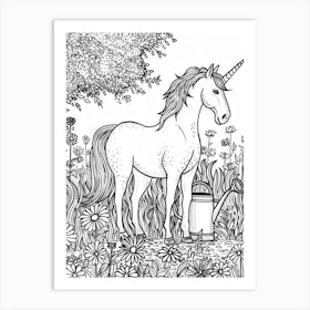 Unicorn In The Garden With A Watering Can Black & White Doodle 2 Art Print
