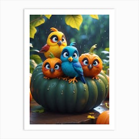 Cartoon Birds On Pumpkin Art Print