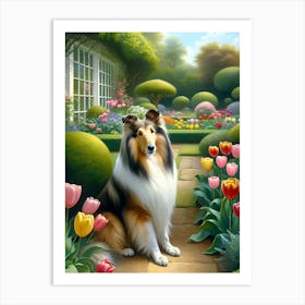 Collie Dog In The Garden Art Print