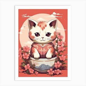 Kawaii Cat Drawings Cherry Blossom Flowers Art Print