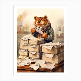 Tiger Illustration Collecting Stamps Watercolour 4 Art Print