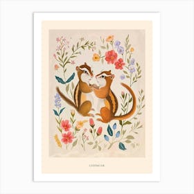 Folksy Floral Animal Drawing Chipmunk Poster Art Print