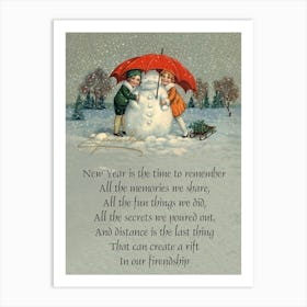 Two Girls And A Snowman Under Umbrella, With Holiday Quotes Art Print