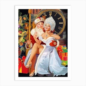 Pinup Sexy Girl And A Lucky Boy In Santa Claus Costume Posing Together Art Print