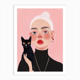 Illustration Of A Girl Holding A Cat Art Print