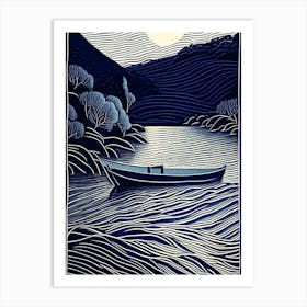 Boat Waterscape Linocut 1 Art Print