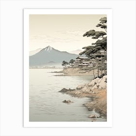 Lake Biwa In Shiga, Ukiyo E Black And White Line Art Drawing 4 Art Print