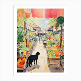 Food Market With Cats In Honolulu 2 Watercolour Art Print