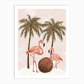 Lesser Flamingo And Coconut Trees Minimalist Illustration 1 Art Print