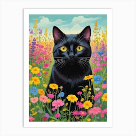 Quirky Cat In A Flower Field Art Print (6) Art Print