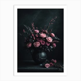 Pink Roses In A Vase On A Black Background Art Print