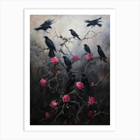 Dark Atmospheric Gothic Oil Painting Capturing Seven Black Crows Perched Upon Tangled Thorny Branc Art Print