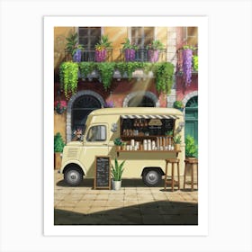 Anime Canvas Art: Sunlit Coffee Truck with Vibrant Colors, European Buildings, and Lush Greenery, Perfect for Lofi Aesthetic and Market Scene Art Fans. Art Print