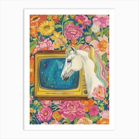 Unicorn Watching Tv Floral Fauvism Painting 2 Art Print