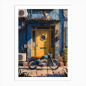 Lofi Anime Art: Vintage blue motorcycle by a rustic yellow door, surrounded by weathered blue walls and urban charm. Perfect for nostalgic urban vibes. Art Print