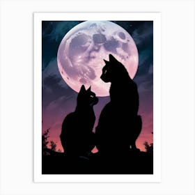 Two Black Cats Silhouettes Under A Full Moon 1 Art Print