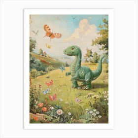 Dinosaur Catching Butterflies Storybook Painting 1 Art Print